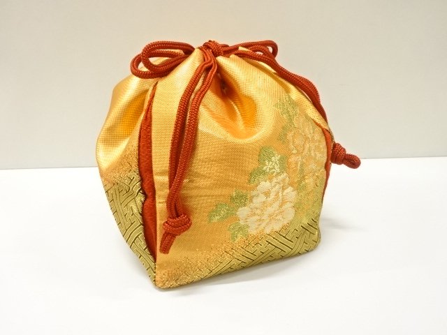 JAPANESE KIMONO / UNUSED FLORAL PATTERN WOVEN DRAWSTRING POUCH